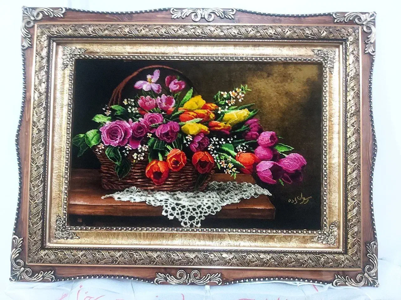 تابلو گل تاج کد 23 دستبافت و ابریشم دار|تابلو فرش|تبریز, |دیوار