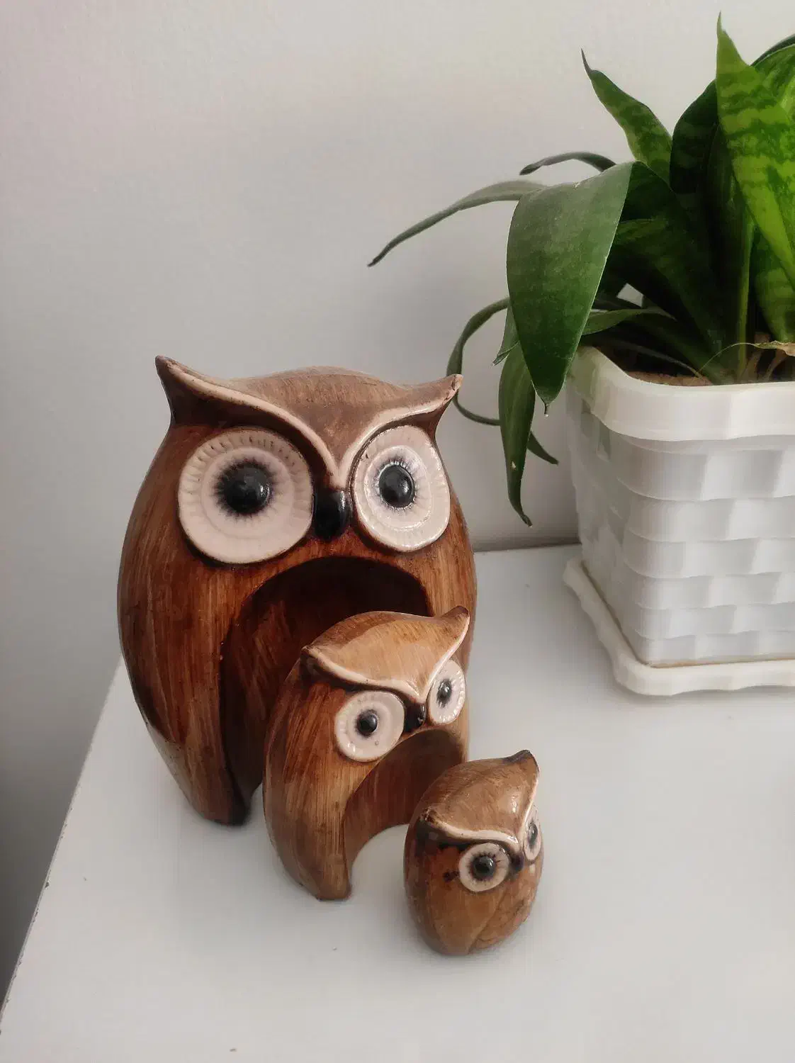 مجسمه جغد سه تیکه چوبی و گلدان فروشی|مجسمه، تندیس، ماکت|کرمانشاه, |دیوار