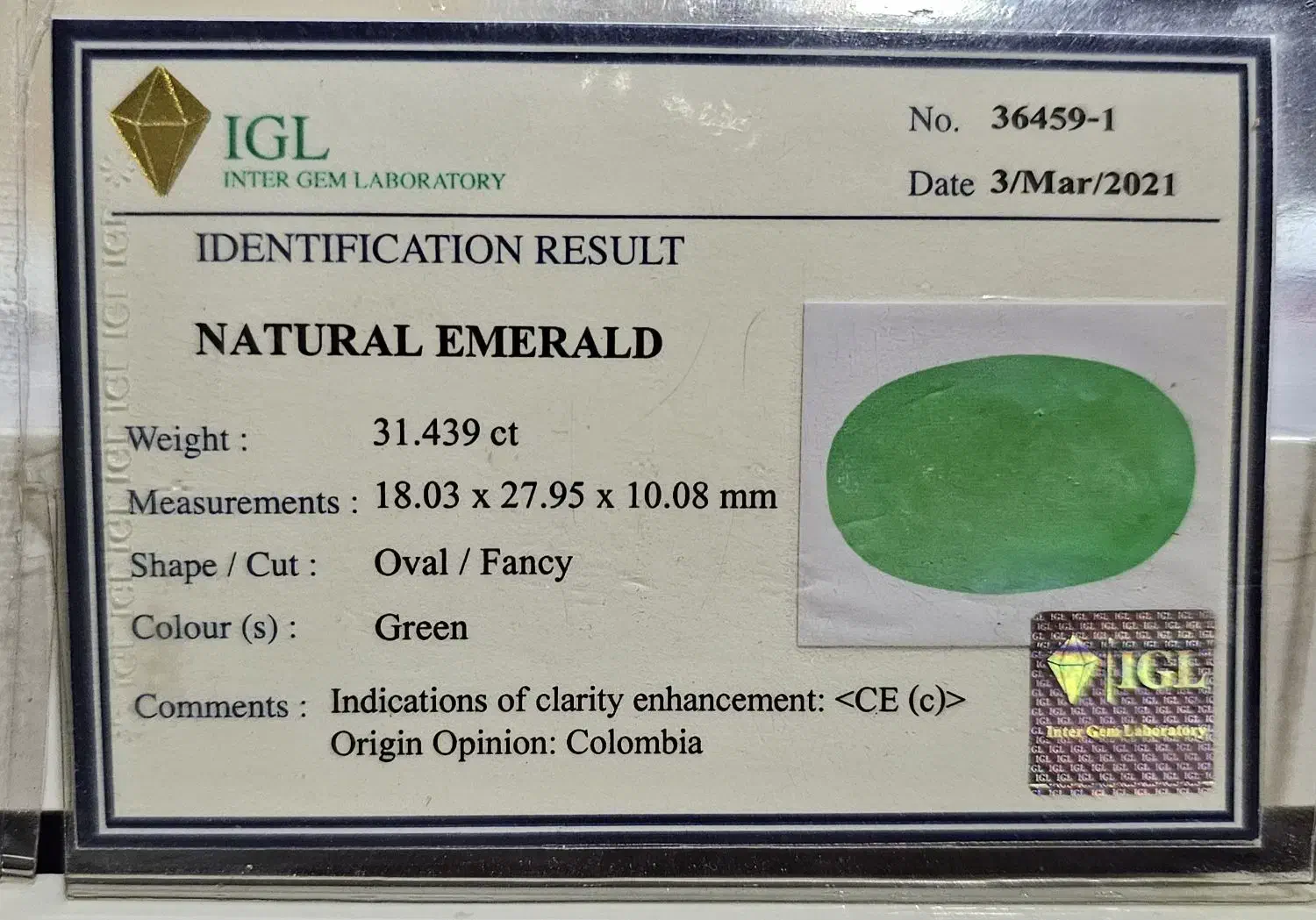 زمرد کلمبیا شناسنامه بین المللیIGL بانکوک 31/5 ct|جواهرات|قم, ارم|دیوار