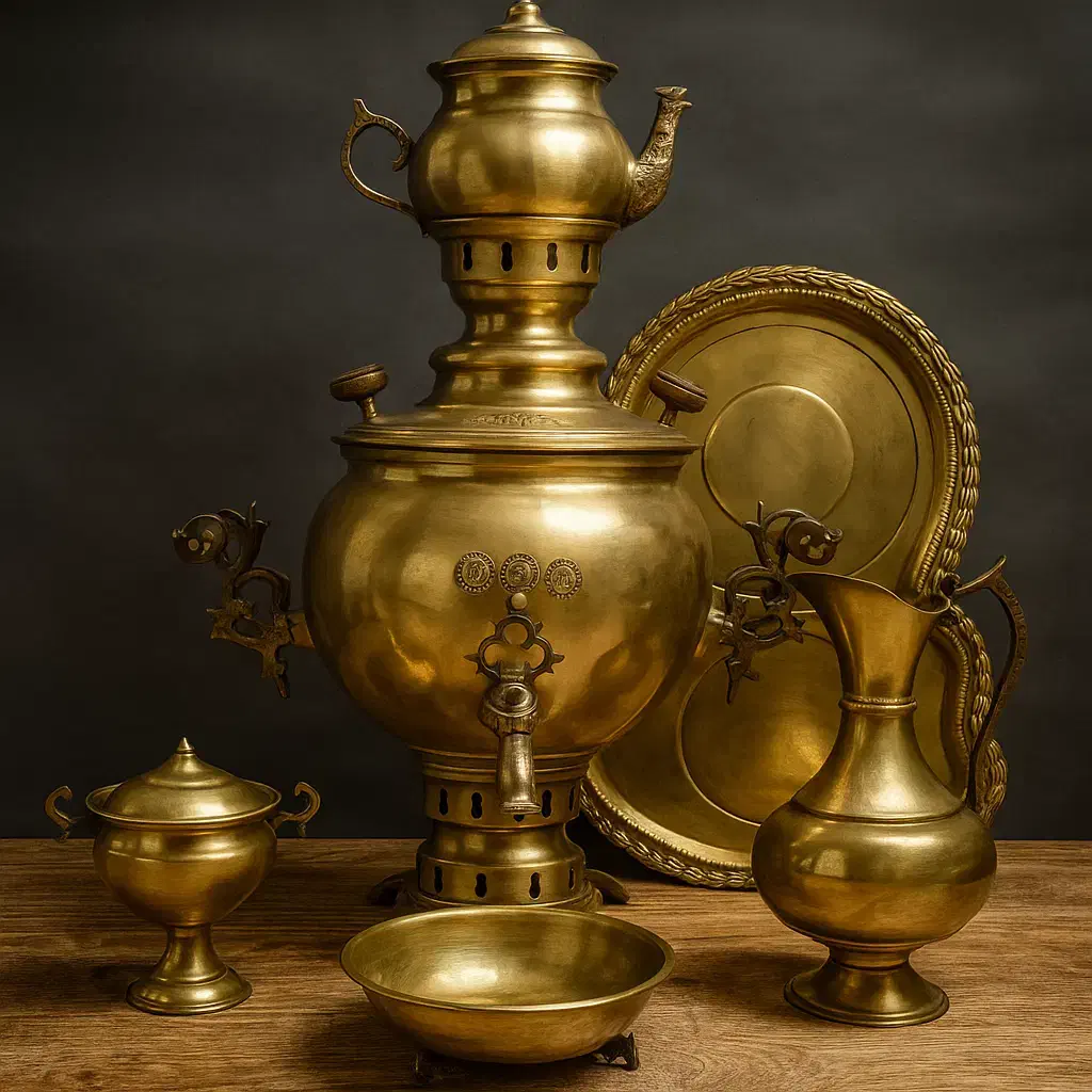 سماور زغالی ۶لیتری با سرویس کامل برنجی|کلکسیون اشیاء عتیقه|تهران, دهم فروردین|دیوار