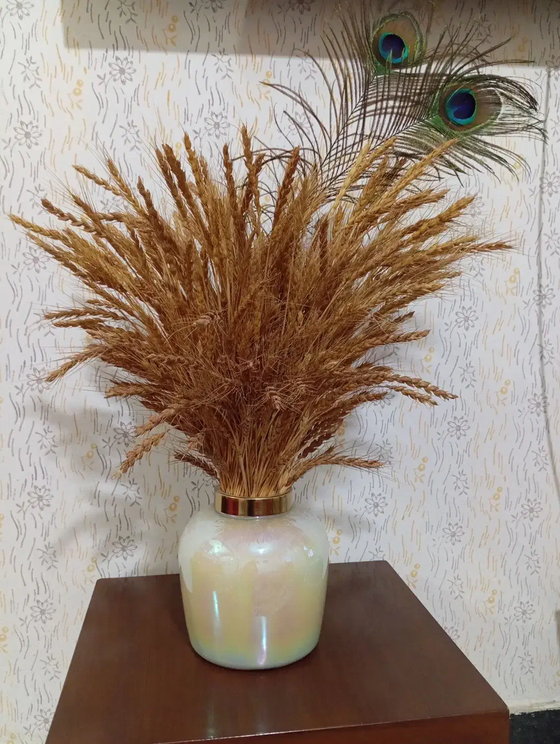 گلدان و گندم با دو عدد پر طاووس|صنایع دستی و سایر لوازم تزئینی|مشهد, ابوذر|دیوار