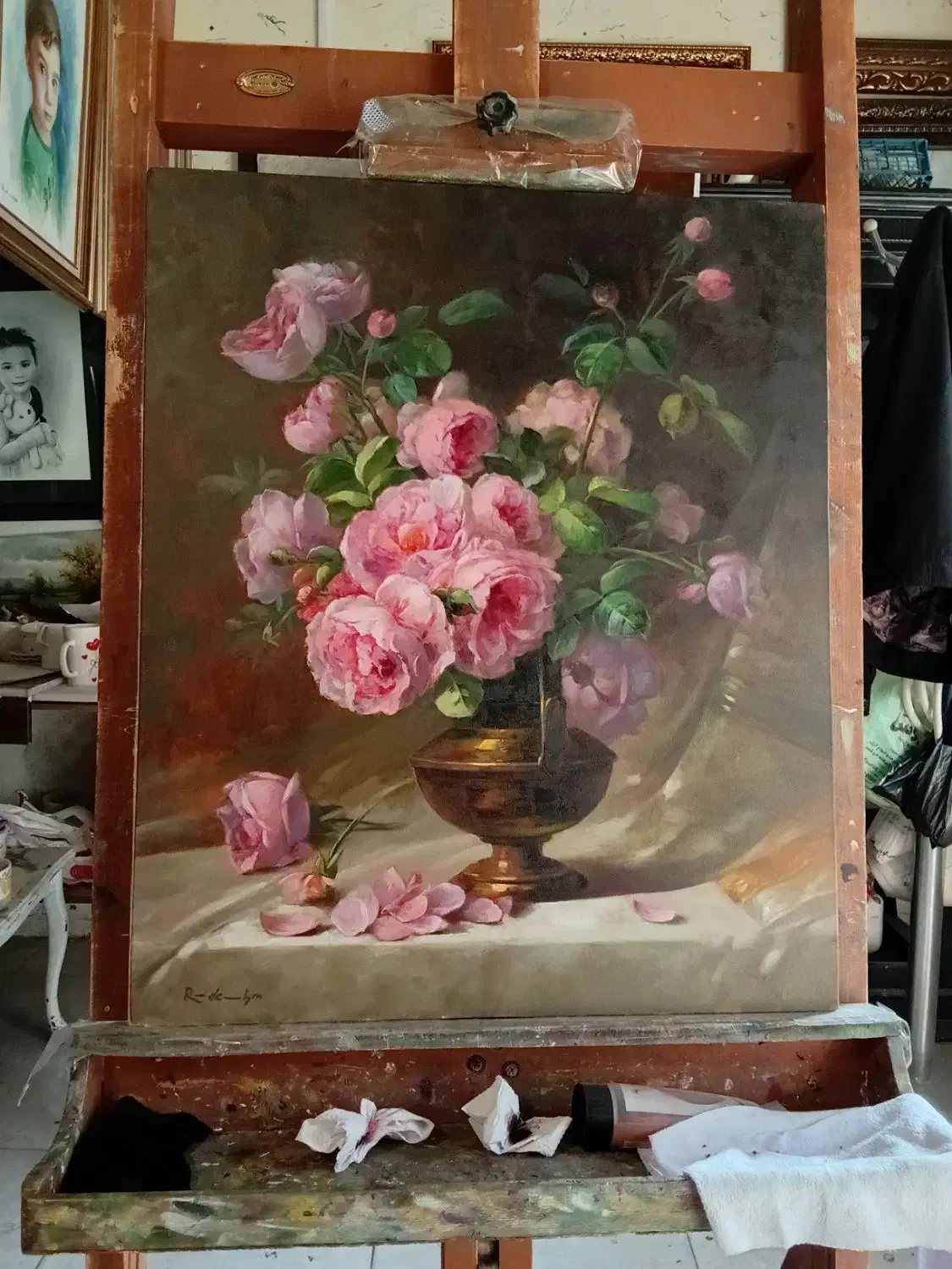 تابلو رنگروغن (گلهای صورتی گلدان مسی)|تابلو، نقاشی، عکس|تبریز, |دیوار