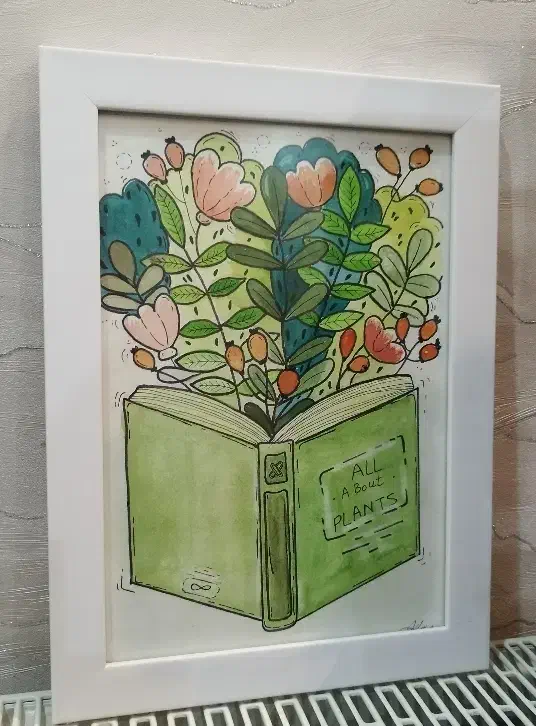 تابلو آبرنگ طرح کتاب با قاب سفید|تابلو، نقاشی، عکس|قم, شاه سید علی|دیوار