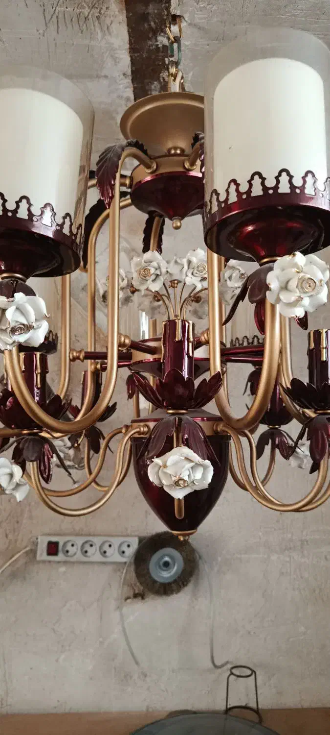 لوستر فلزی زرشکی طلایی باگل چینی لب طلا|لوستر و چراغ آویز|تکاب, |دیوار