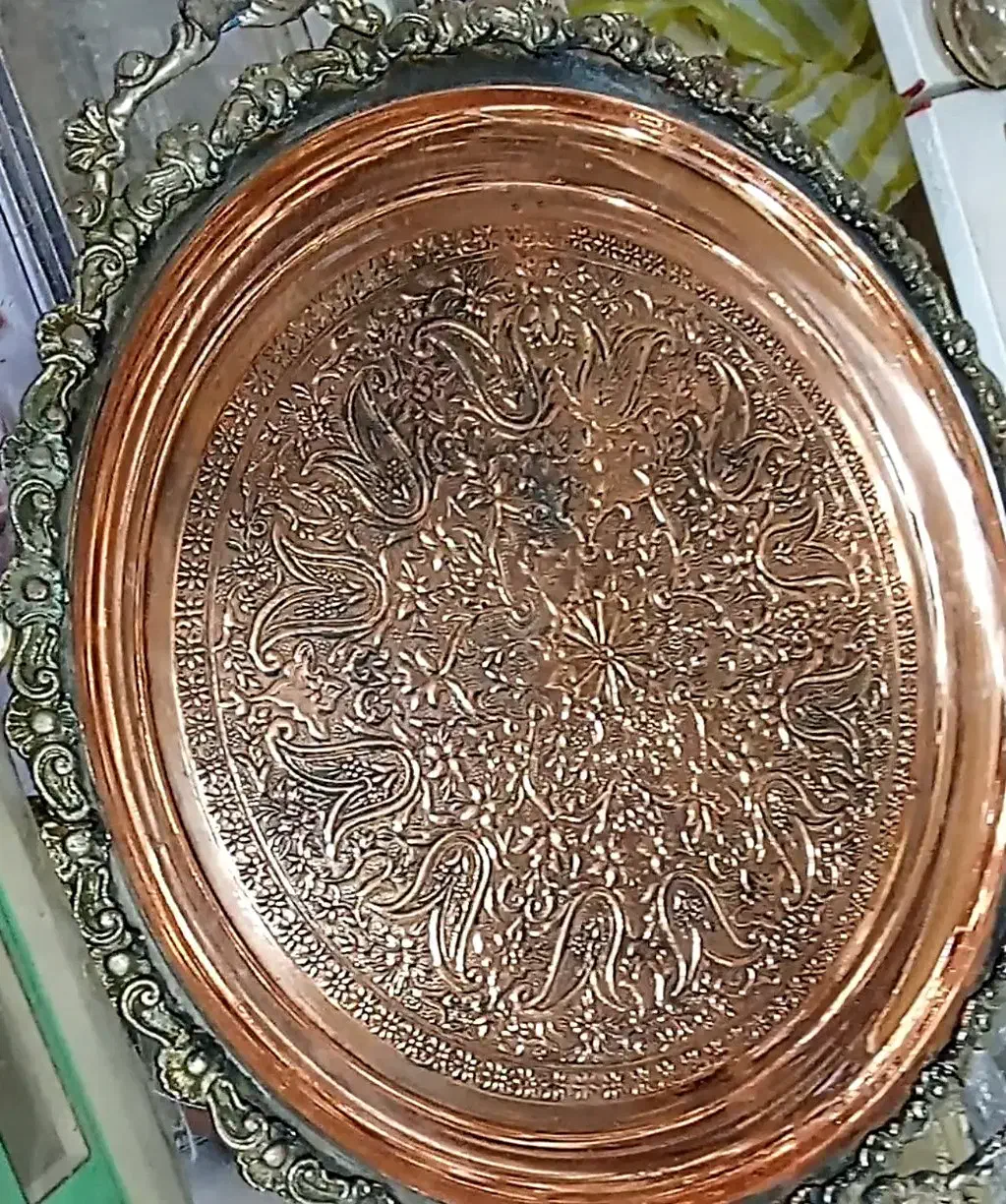 سینی مسی طرحدارکندکاری پهلوی قندان برنج قلم هخامنش|کلکسیون اشیاء عتیقه|زنجان, |دیوار