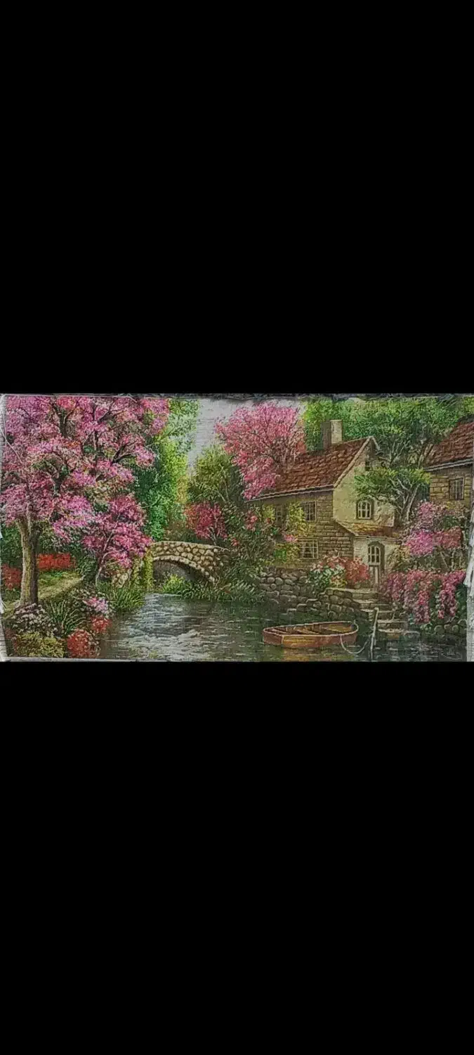 تابلو فرش دستباف طرح منظره کلبه بهاری|تابلو فرش|گرمی, |دیوار