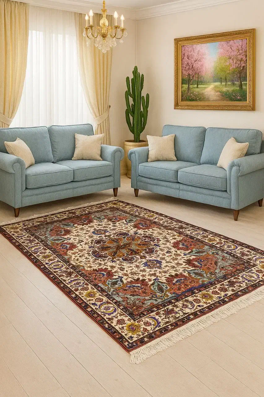 فرش دستباف (بساک) کف کرم ساده گل ابریشم سبک|فرش|مشکیندشت, |دیوار