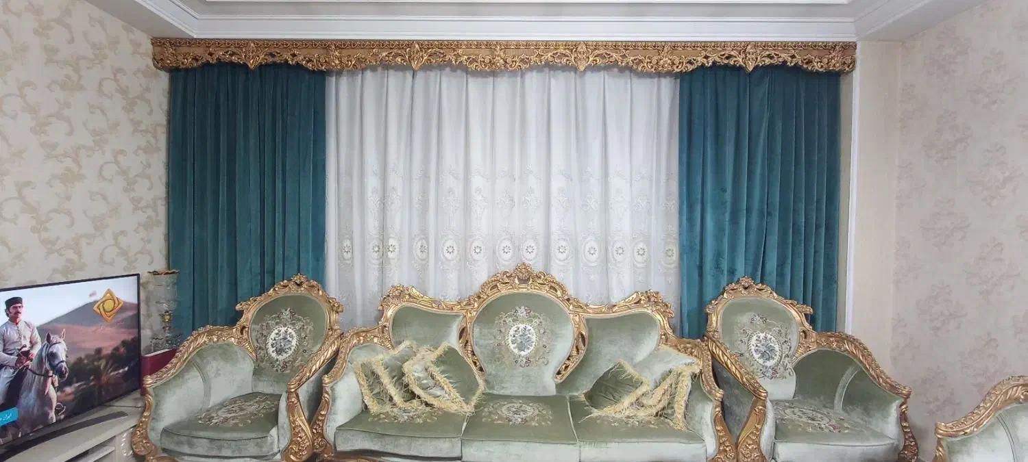 پرده پذیرایی، کناره مخمل زیره تور به همراه آستر|پرده، رانر، رومیزی|اسلام‌شهر, شهرک مفیدی|دیوار