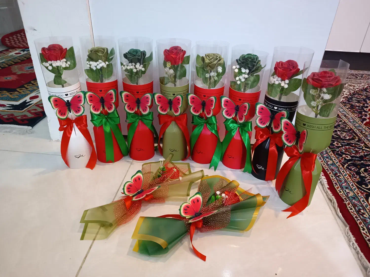 تک شاخه رز روبانی طرح یلدایی تک و عمده|گل مصنوعی|شیراز, محراب|دیوار