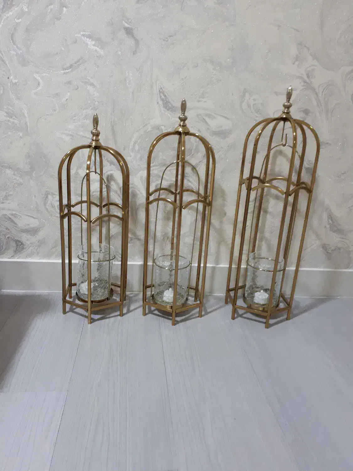 شمعدون سه سایزیی کنار سالنی استیل طلایی|صنایع دستی و سایر لوازم تزئینی|خمام, |دیوار