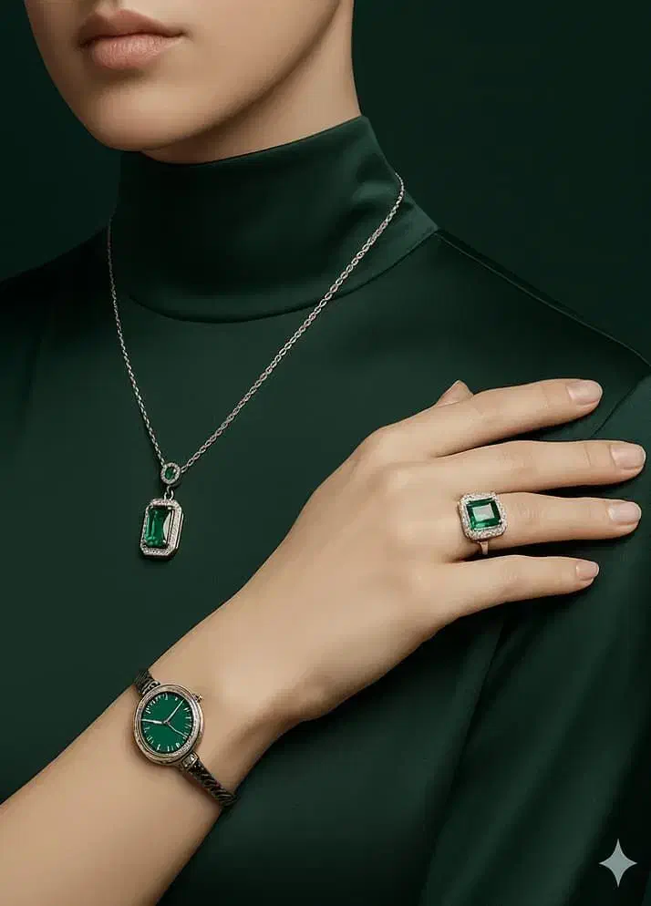 ست زنانه ساعت گردنبند و انگشتر مدل زمرد نقره|جواهرات|مشهد, حیدرآباد|دیوار