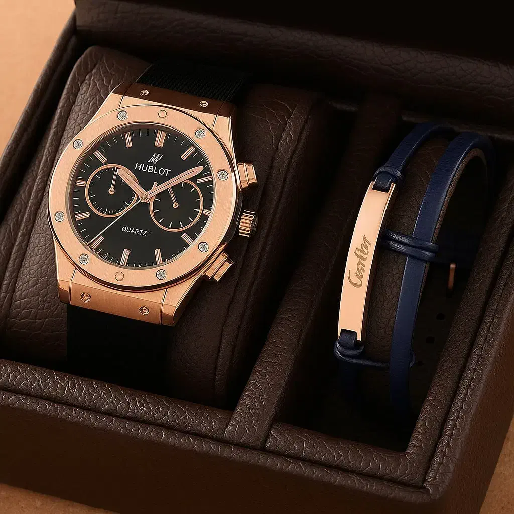 پکیج دستبند پلاک دار+ساعت مچی Hublot طلایی مدل C70|ساعت|آبیک, |دیوار