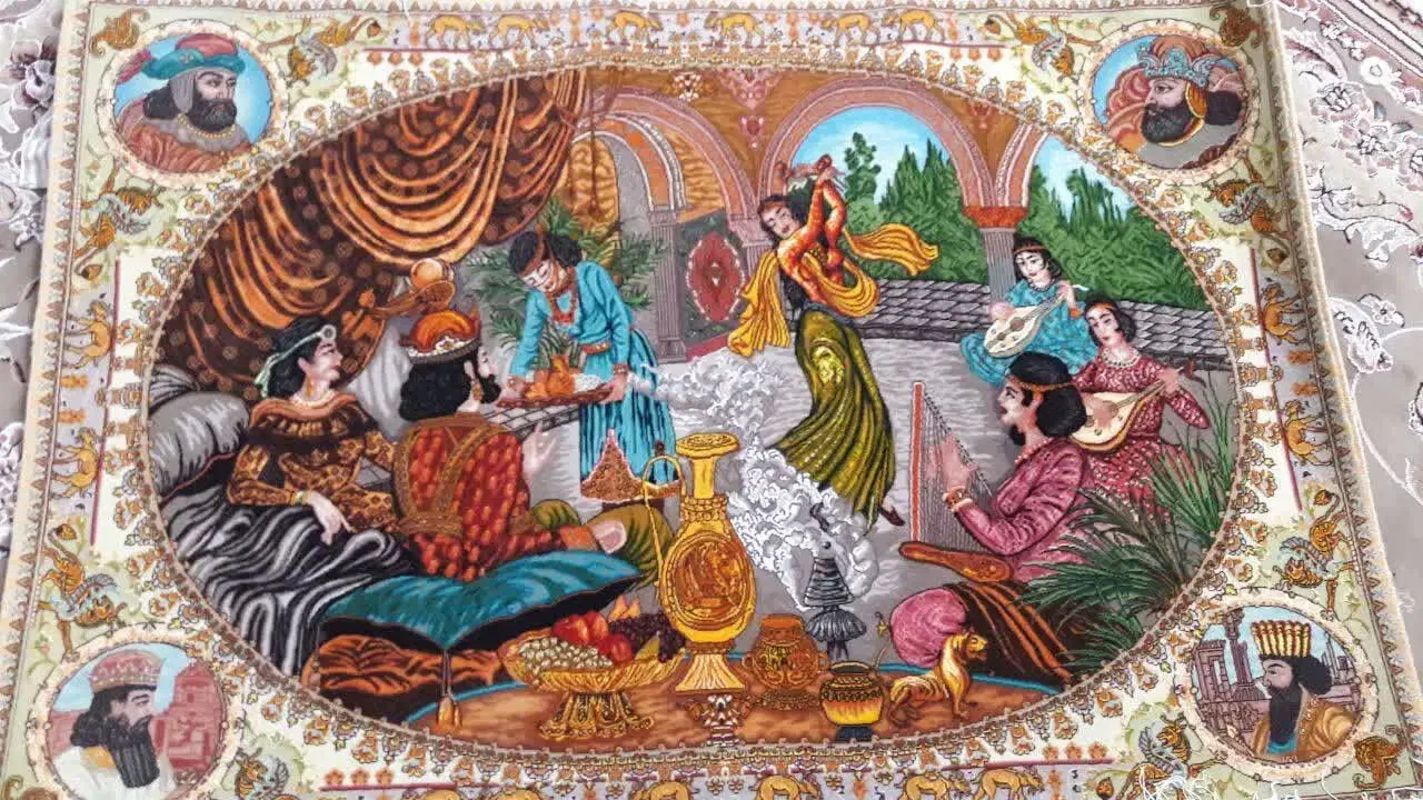 تابلو فرش دستباف بزم خسرو پرویز|تابلو فرش|باغ بهادران, |دیوار