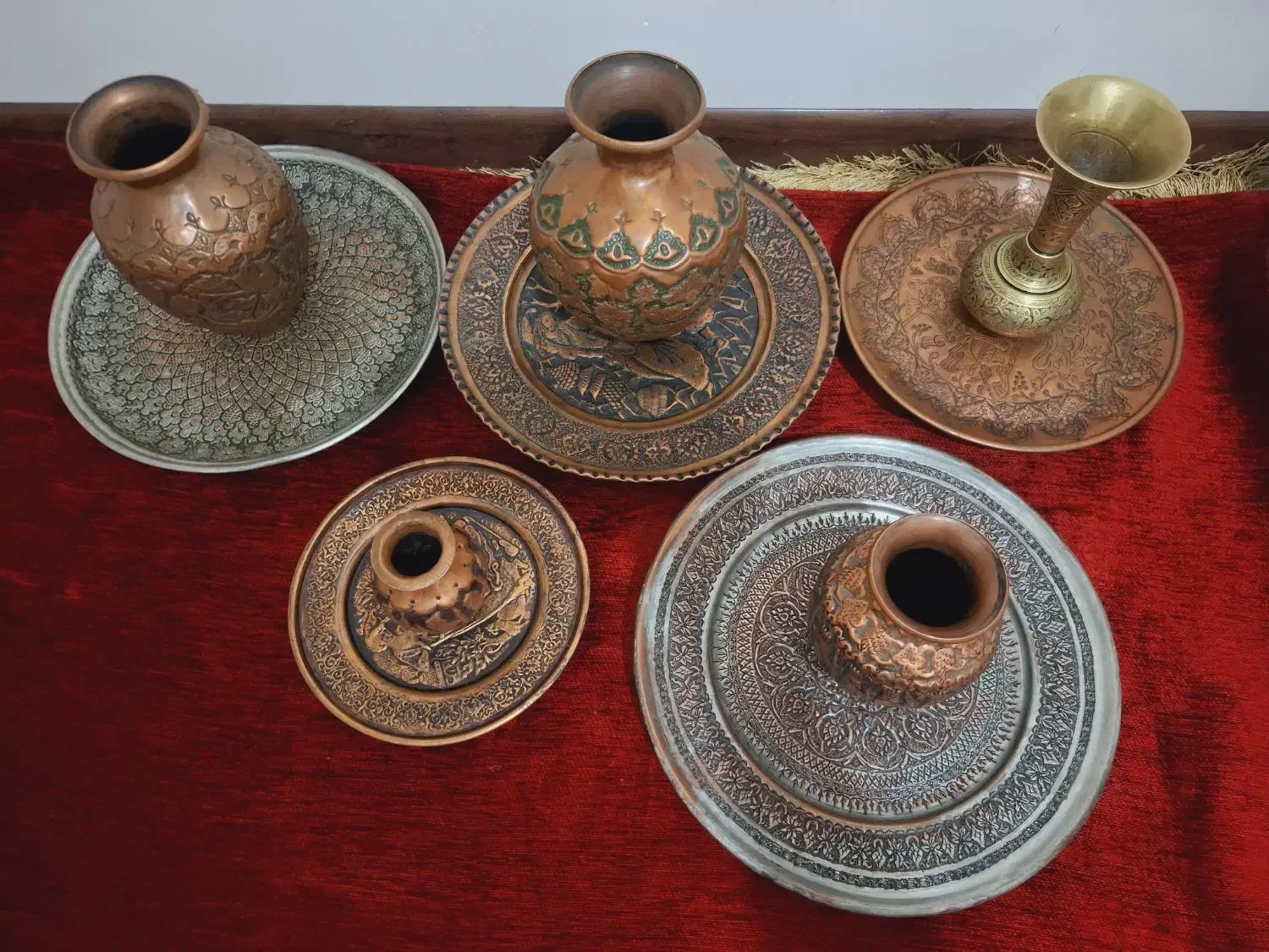 سینی مسی و گلدان مسی قلم قدمتدار|کلکسیون اشیاء عتیقه|تهران, والفجر (افسریه)|دیوار