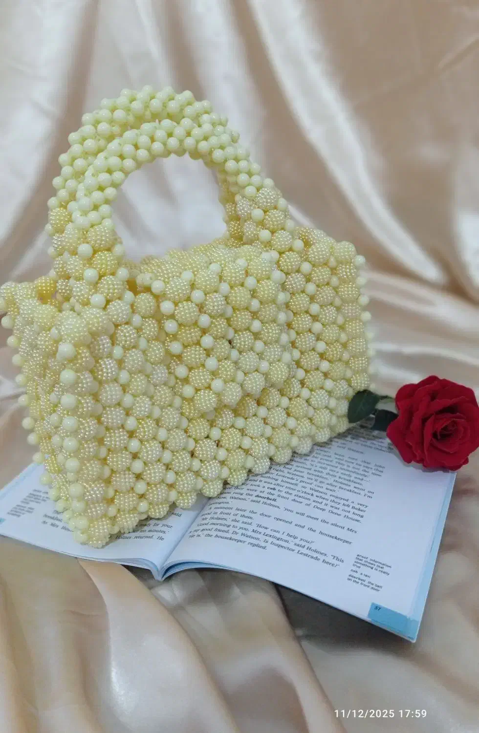 کیف دستساز مرواریدی تمشکی|کیف، کفش، کمربند|کنگاور, |دیوار