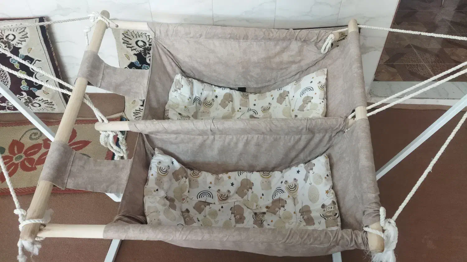 گهواره دو قلو ننو|تخت و صندلی بچه|فیروزه, |دیوار