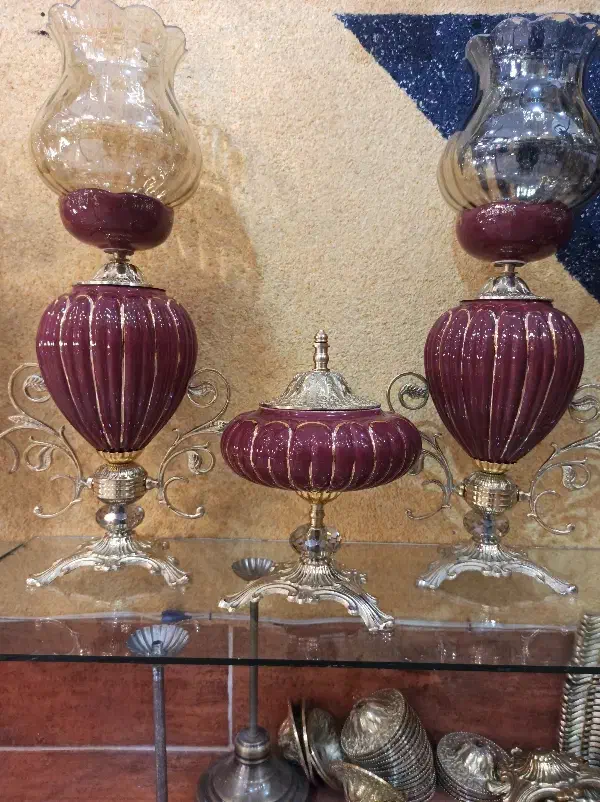 چراغ برنز -لاله-لامپا سه تیکه زرشکی|صنایع دستی و سایر لوازم تزئینی|اردبیل, |دیوار