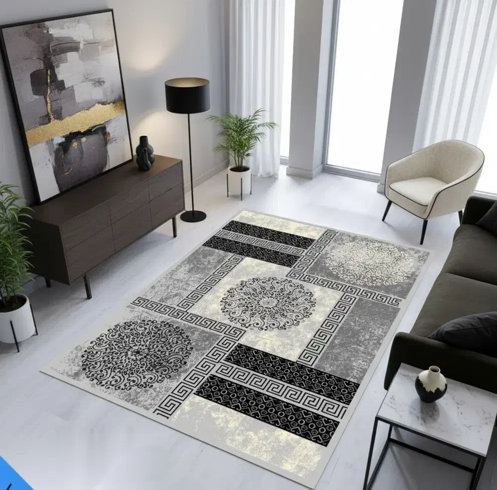 گلیم ماشینی با رنگ‌بندی طوسی فیلی بادومی لاکی|گلیم، جاجیم، گبه|بروجرد, |دیوار