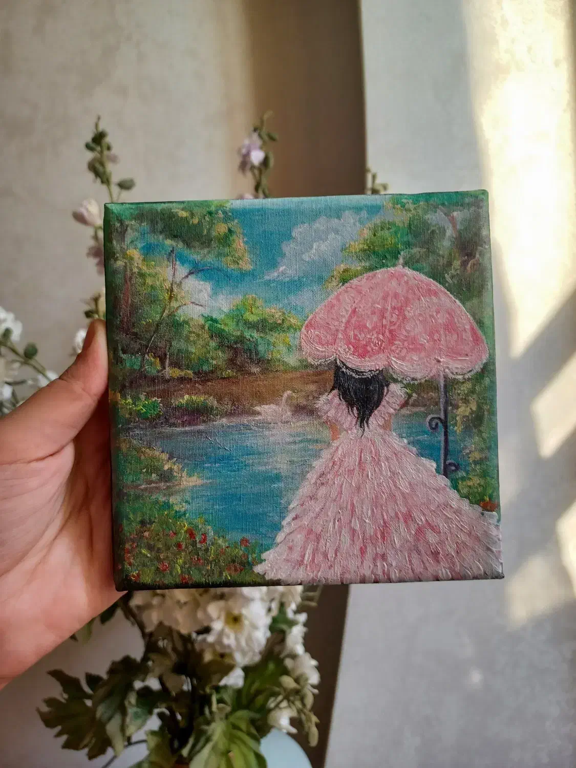 تابلوی رنگ آکریلیک با طرح اورجینال قو و دختر صورتی|تابلو، نقاشی، عکس|رشت, بازار|دیوار