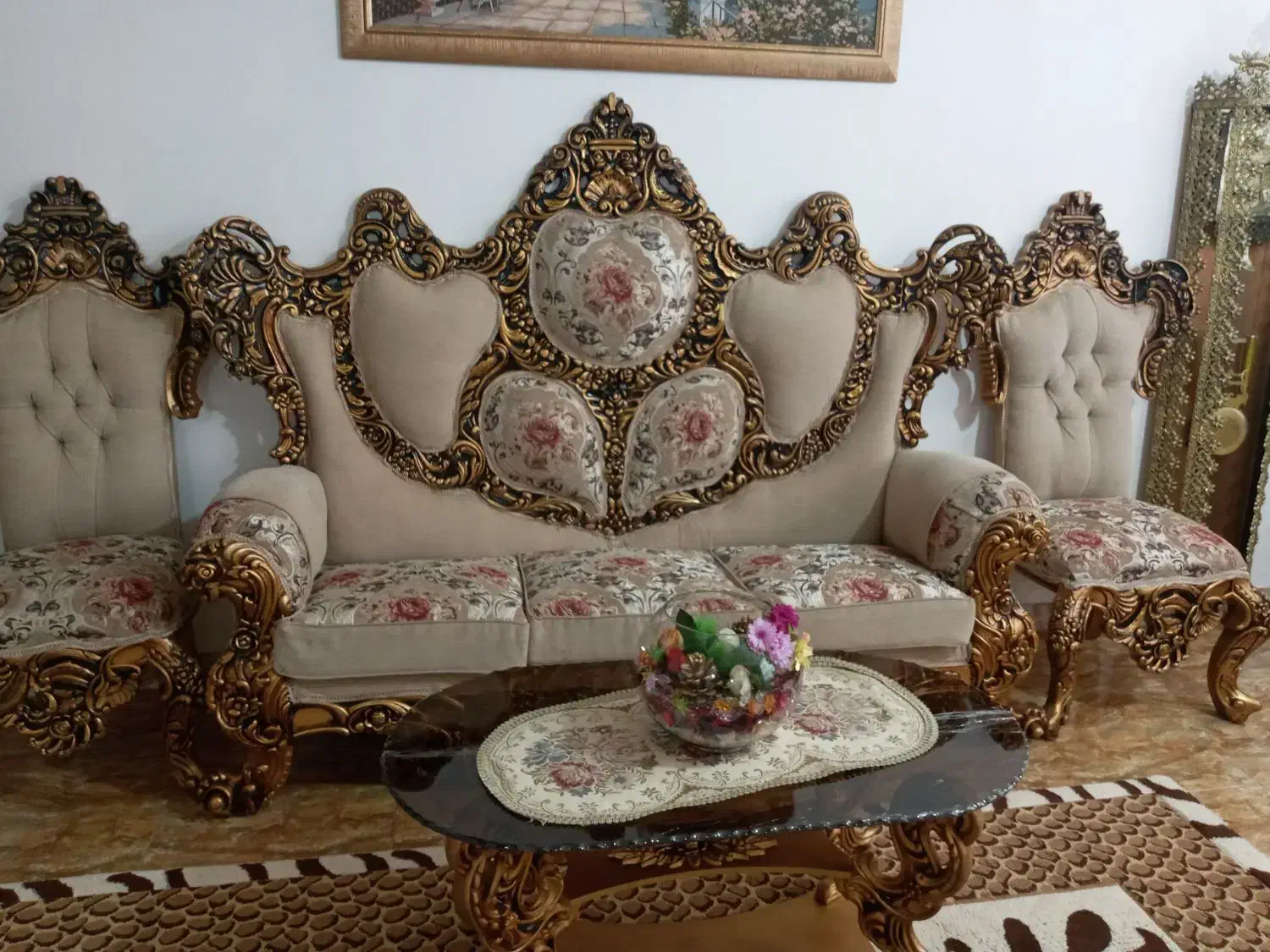 مبل سلطنتی ۹ نفره نسکافه ای رنگ کلاف بزرگ|مبلمان خانگی و میز عسلی|کرمانشاه, |دیوار