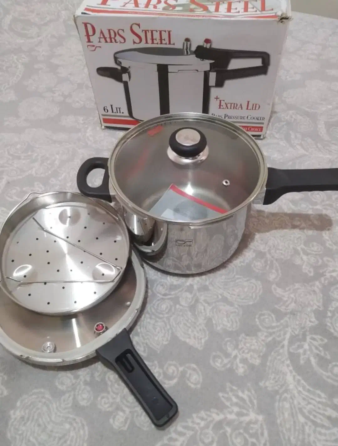 زودپز پارس استیل 6 لیتری با درب پیرکس و سبد بخارپز|ظروف پخت‌وپز|صدرا-فارس, فاز ۱|دیوار