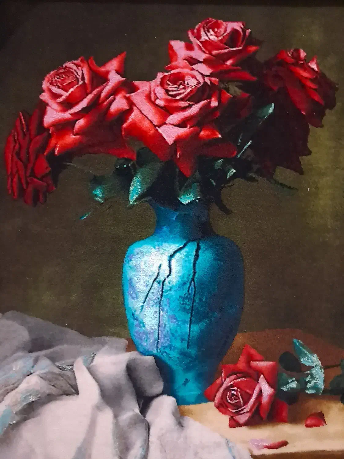 تابلوفرش دستبافت/تابلو فرش طرح گلدان رز سرخ|تابلو فرش|تهران, استاد معین|دیوار