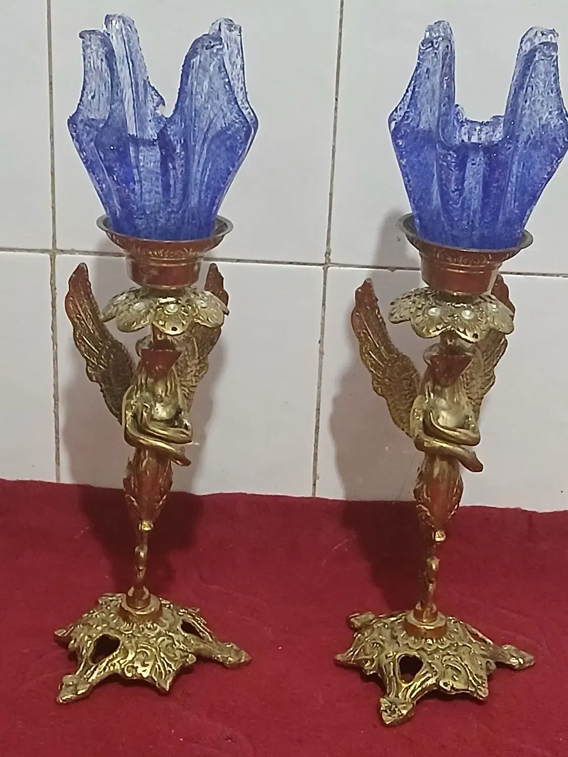 شمعدان برنزبرنجی سه جفت قدیمی باشیشهای اصل کریستال|لوستر و چراغ آویز|قرچک, زیبا شهر|دیوار