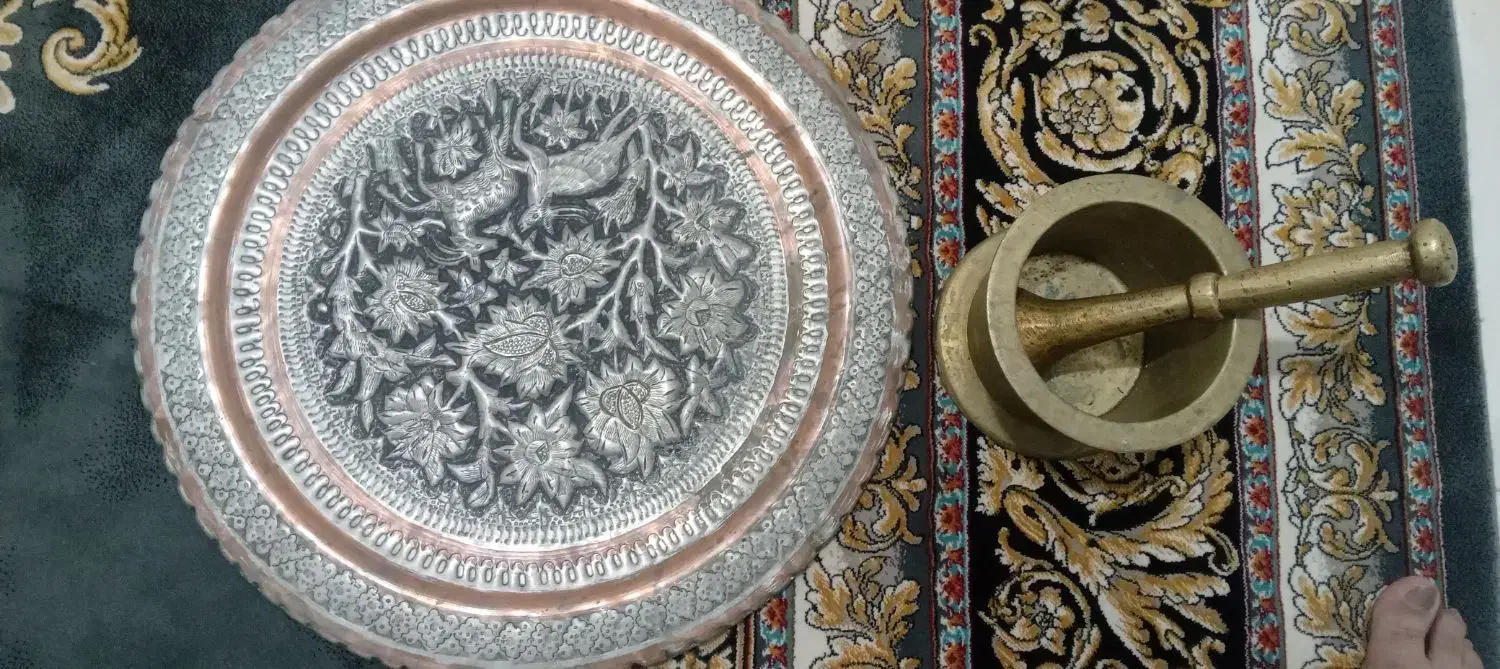 هاون قدیمی ۵کیلوی  کلکسیونی .سینی تابلو مسی تزیینی|کلکسیون اشیاء عتیقه|ماهدشت, |دیوار