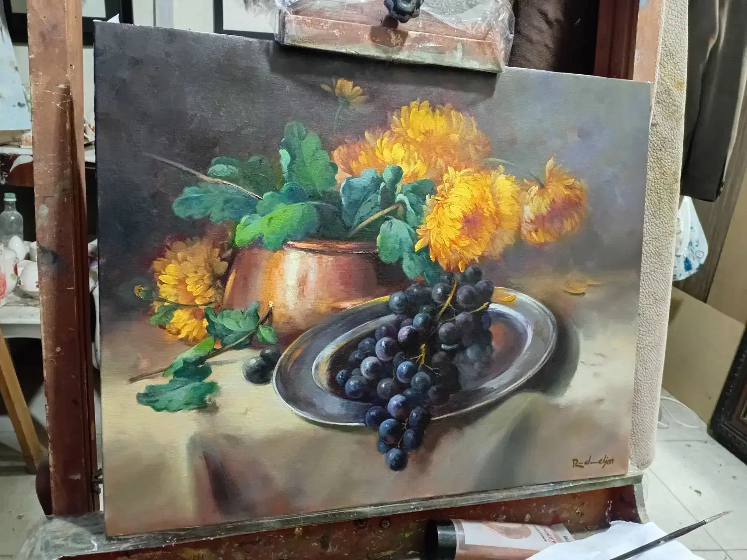 سینی انگور و گلهای داوودی (رنگروغن روی بوم )|تابلو، نقاشی، عکس|تبریز, |دیوار