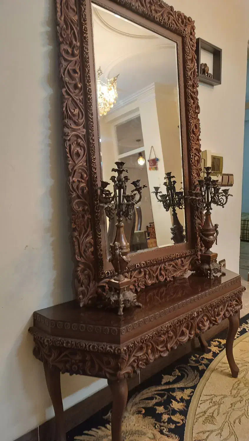 کنسول آیینه و شمعدان چوبی منبت کاری|بوفه، ویترین، کنسول|لاهیجان, قیام|دیوار