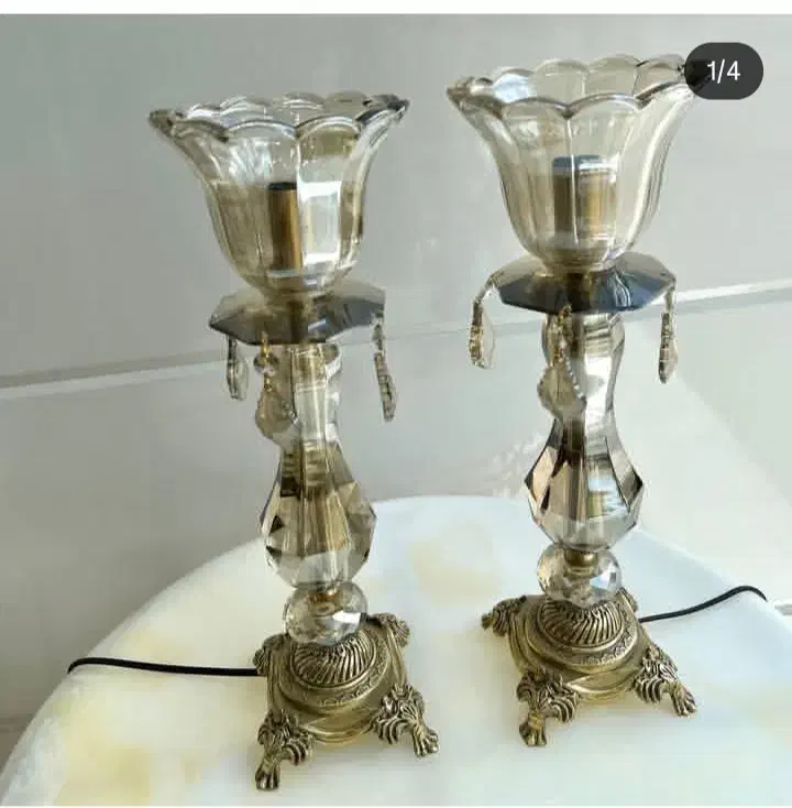 شمعدان چراغی جفتی بلند پایه برنز اصل|لوستر و چراغ آویز|ارومیه, |دیوار