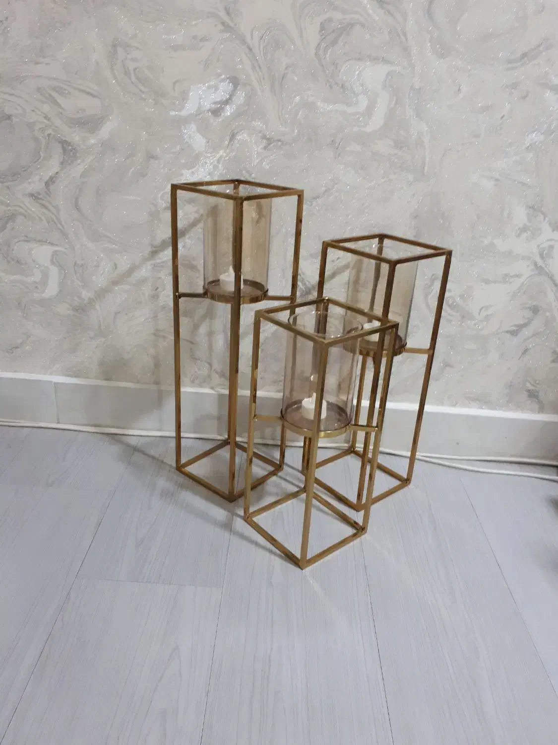 شمعدون سه سایزیی کنار سالنی استیل طلایی|صنایع دستی و سایر لوازم تزئینی|خمام, |دیوار