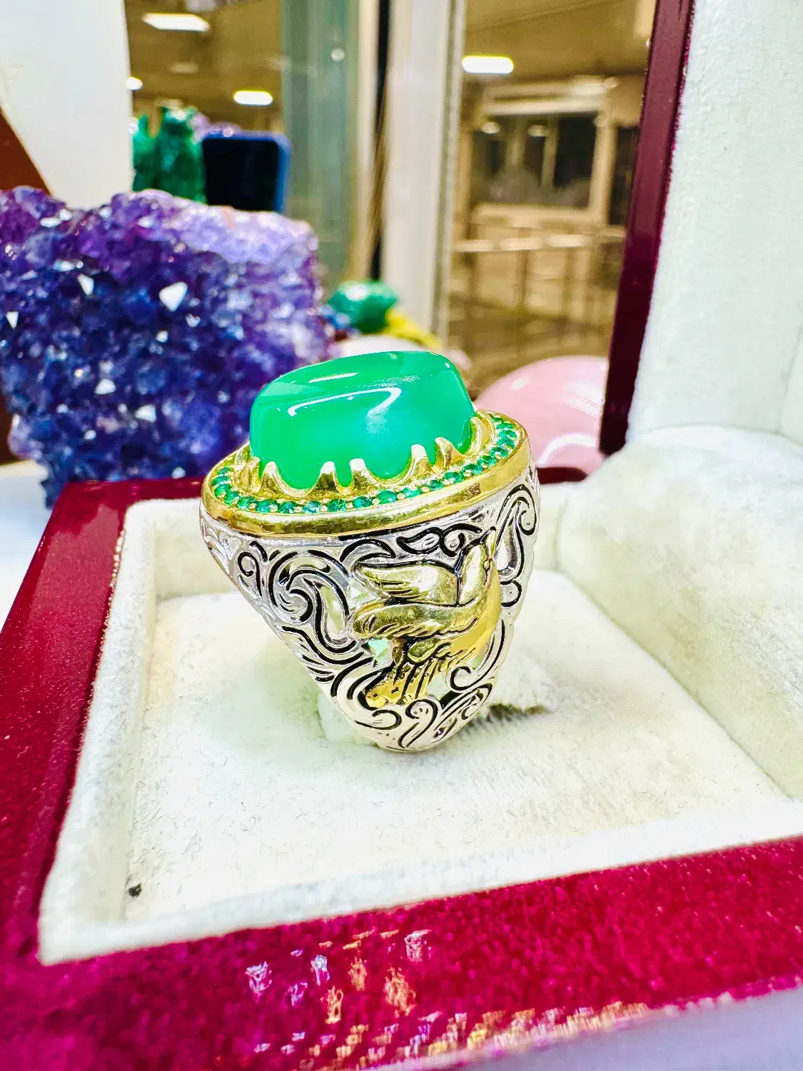 انگشتر فاخر سنگ عقیق سبز رکاب اشک اصل معدنی خراسان|بدلیجات|تبریز, |دیوار