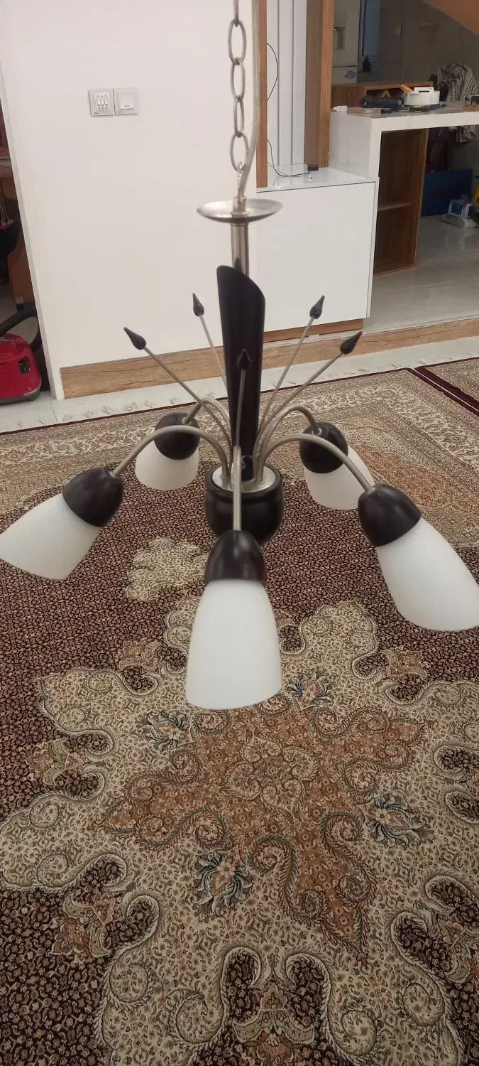 لوستر چوبی ۵ شاخه شیک|لوستر و چراغ آویز|شیراز, شیشهگری|دیوار