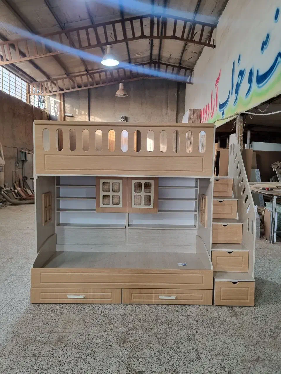 تخت دو طبقه سایز نوجوان طرح کتابخانه دار حصیری|تخت و سرویس خواب|مشهد, خلق آباد سفلی|دیوار