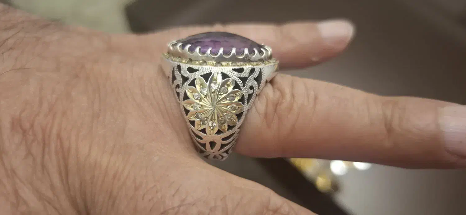 انگشتر نقره مردانه آمیتیست و موزانایت(الماس روسی)|جواهرات|کرج, ساماندهی|دیوار