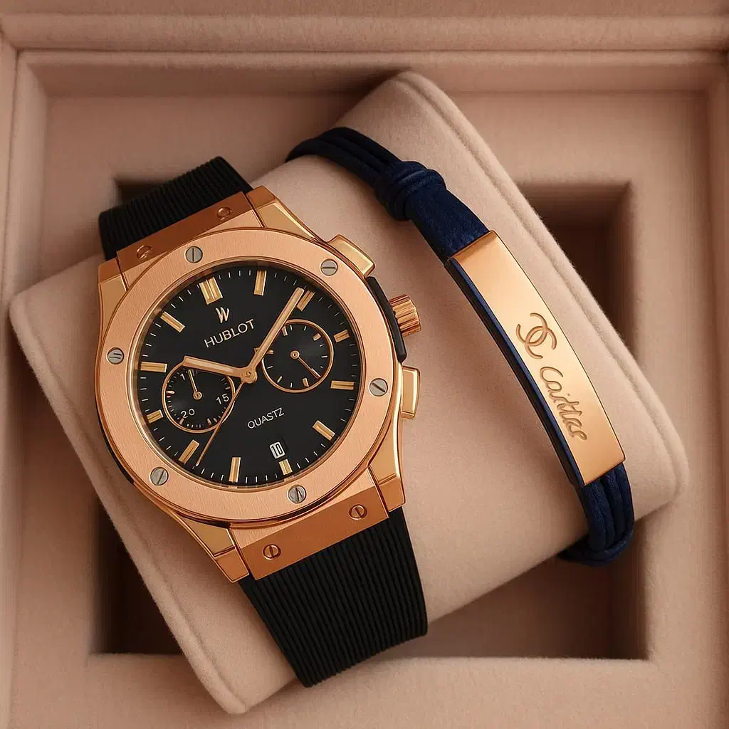 پکیج دستبند پلاک دار+ساعت مچی Hublot طلایی مدل C70|ساعت|آبیک, |دیوار