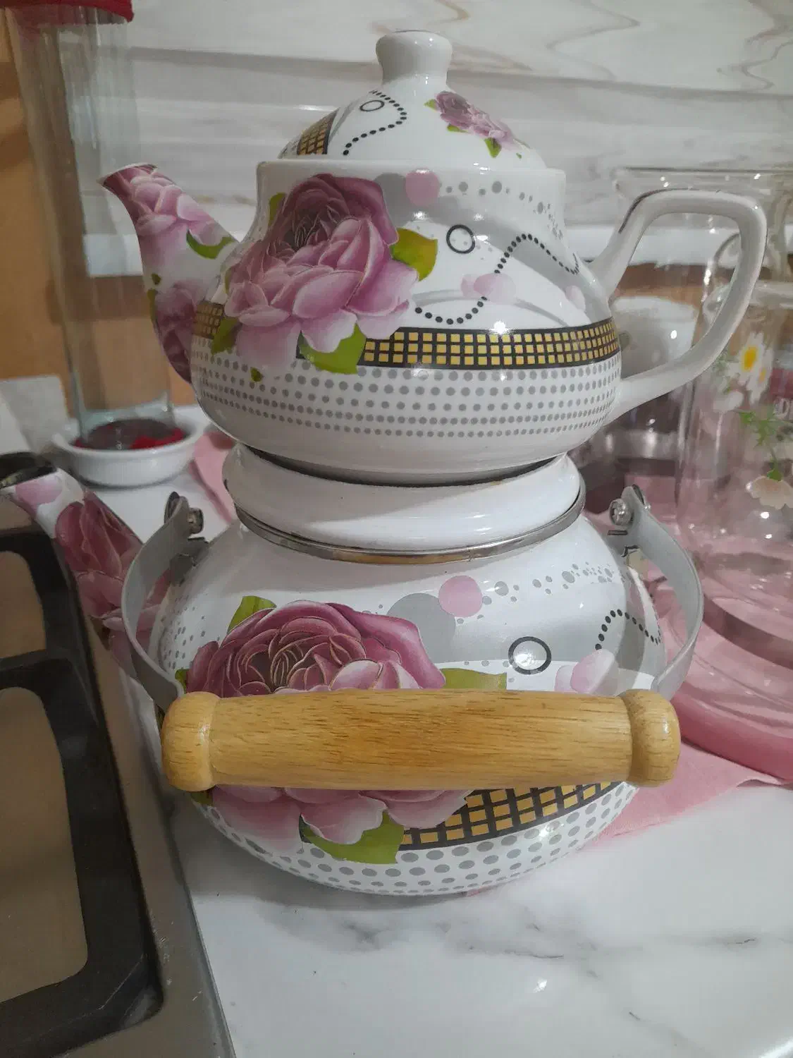 کتری قوری گل دار|قوری، کتری، قهوه‌ساز دستی|سمنان, |دیوار