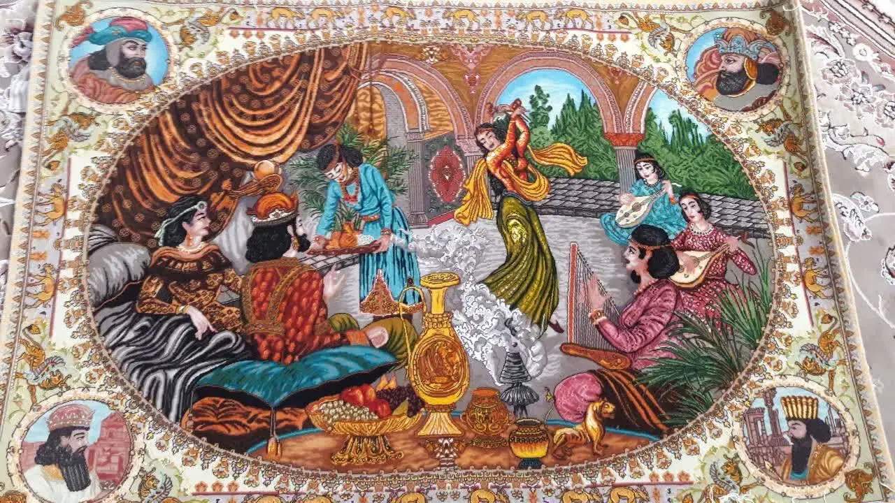 تابلو فرش دستباف بزم خسرو پرویز|تابلو فرش|باغ بهادران, |دیوار