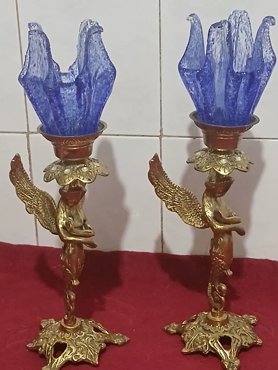 شمعدان برنزبرنجی سه جفت قدیمی باشیشهای اصل کریستال|لوستر و چراغ آویز|قرچک, زیبا شهر|دیوار