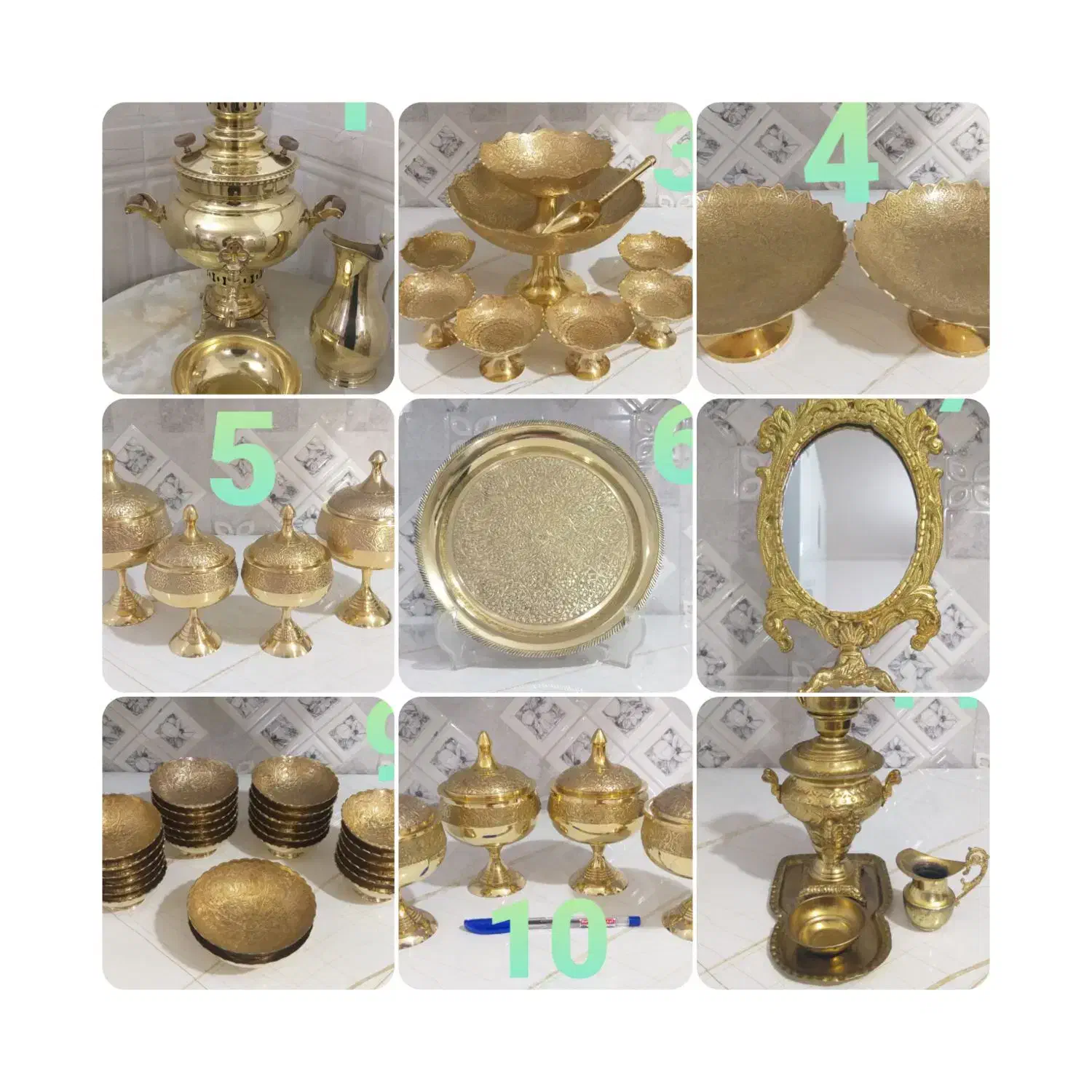 ظرف برنز،سماور،قمقمه مسی،آینه رحل،میز مجسمه برنجی|کلکسیون اشیاء عتیقه|قم, نخودی|دیوار