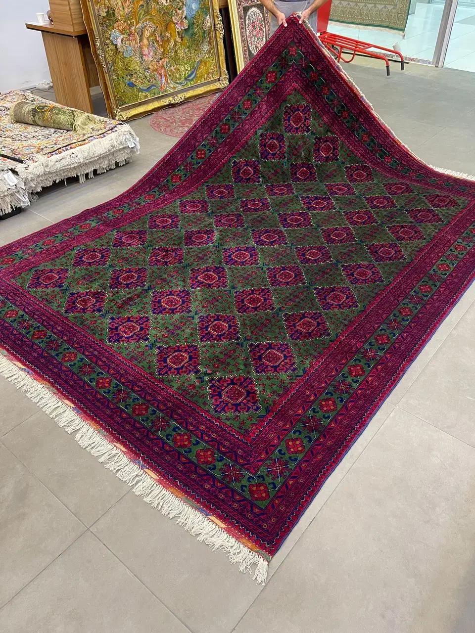 فرش دستباف (بساک)یه ۹ متری تک اعلای کرک سبز|فرش|مشکین‌دشت, |دیوار