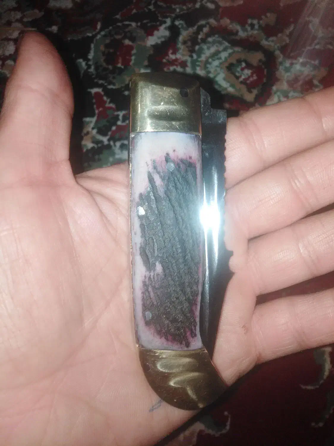 چاقو تیغه فولاد دسته شاخ ضامنپرشی نومعاوضه|کوهنوردی و کمپینگ|شهرکرد, |دیوار