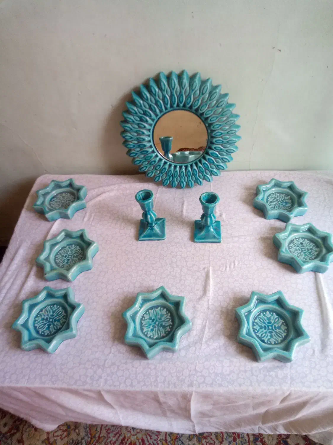 هفت سین فیروزه ای با آیینه و شمعدان فوری فروشی|صنایع دستی و سایر لوازم تزئینی|ورامین, ورامین|دیوار