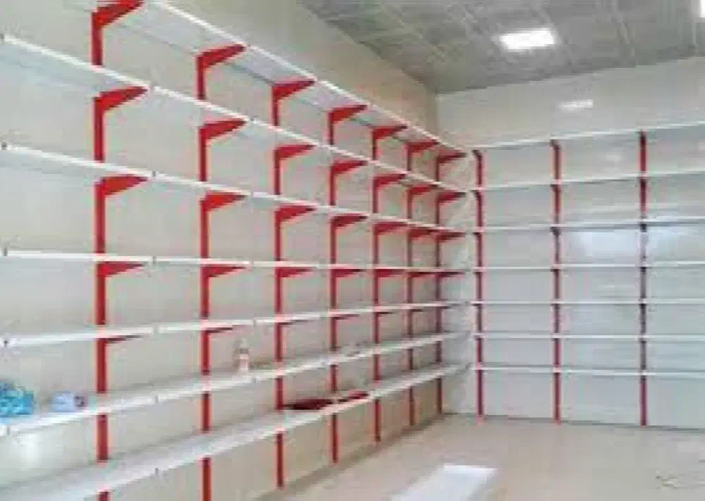 قفسه دیواری سفید قرمز سوپرمارکتی هایپری فلزی|کتابخانه، شلف، قفسه‌های دیواری|شیراز, احمدی جنوبی|دیوار