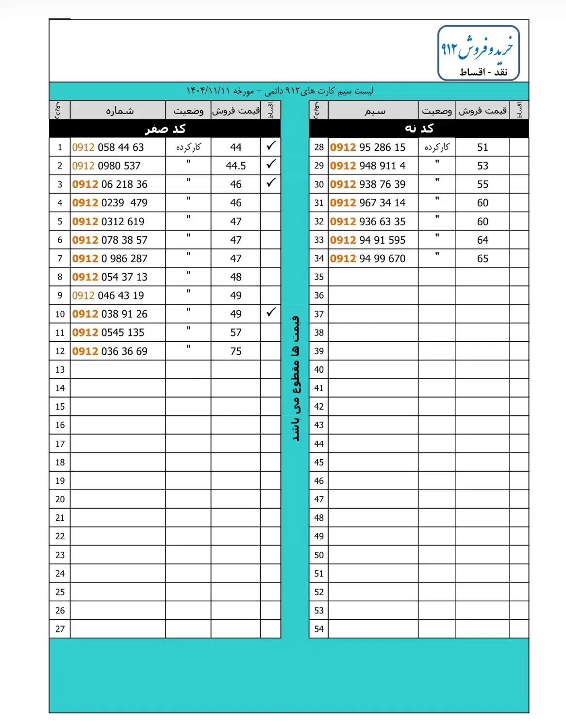 لیست ۰۹۱۲ نقد و اقساط (آپدیت 11 بهمن)|سیم‌کارت|شهریار, شهریار|دیوار