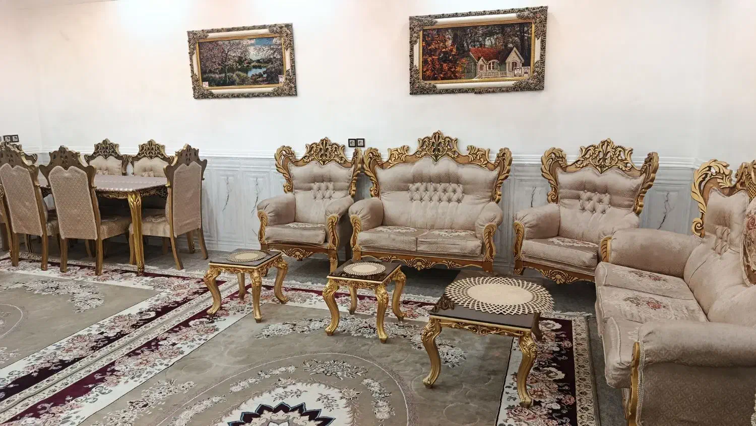 مبل سلطنتی هفت نفره با میز غذاخوری شش نفره|مبلمان خانگی و میز عسلی|اهواز, کمپلو جنوبی|دیوار