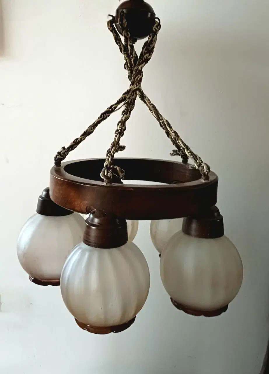 لوستر ۵/شاخه چوبی با حبابهای بسیار مقاوم و خارجی|لوستر و چراغ آویز|اصفهان, باغ گلها|دیوار