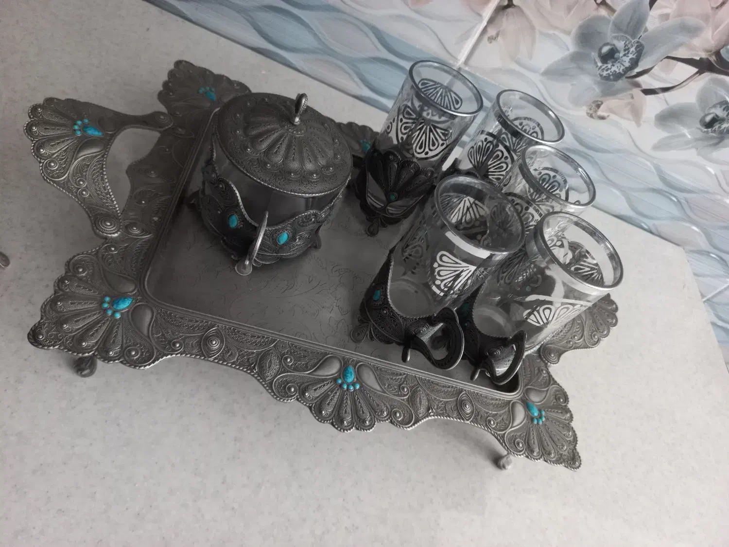 سینی و استکان قندان پیوتر اصل|ظروف سرو و پذیرایی|همدان, |دیوار