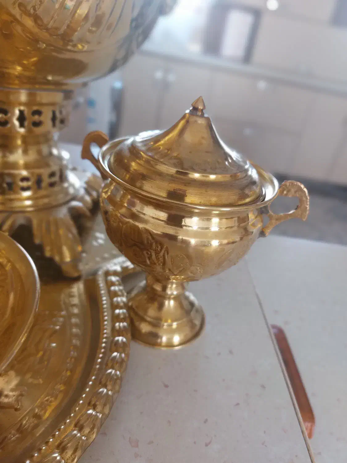 سماور زغالی پنج تیکه برنج|کلکسیون اشیاء عتیقه|قیدار, |دیوار